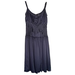 CALVIN Klein A Line Dress Silk Sleeveless Navy Blue V Neck Womens 2